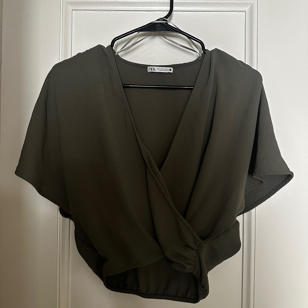 Zara Dark Olive Wrap Blouse